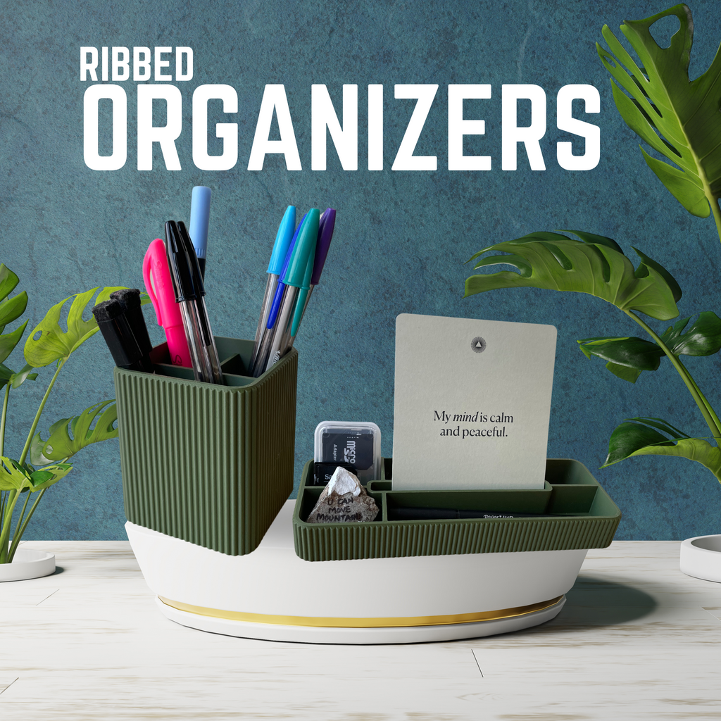 Ribbed Desktop Organizer Set: 3D Printed Pen Holder & Tray
