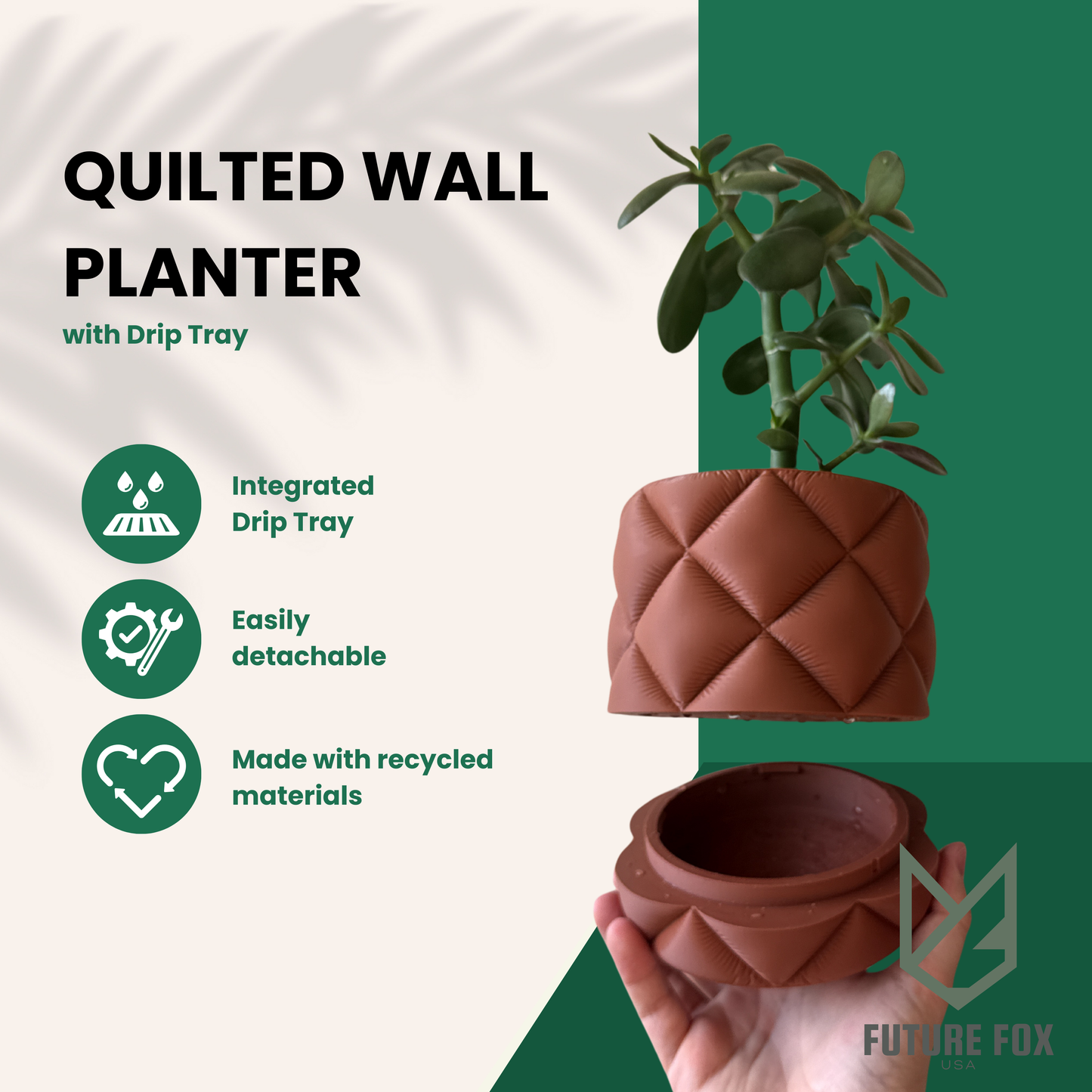 Puffy Quilted Planter | Wall Mount or Freestanding, 2 Sizes, w/ Drip Tray