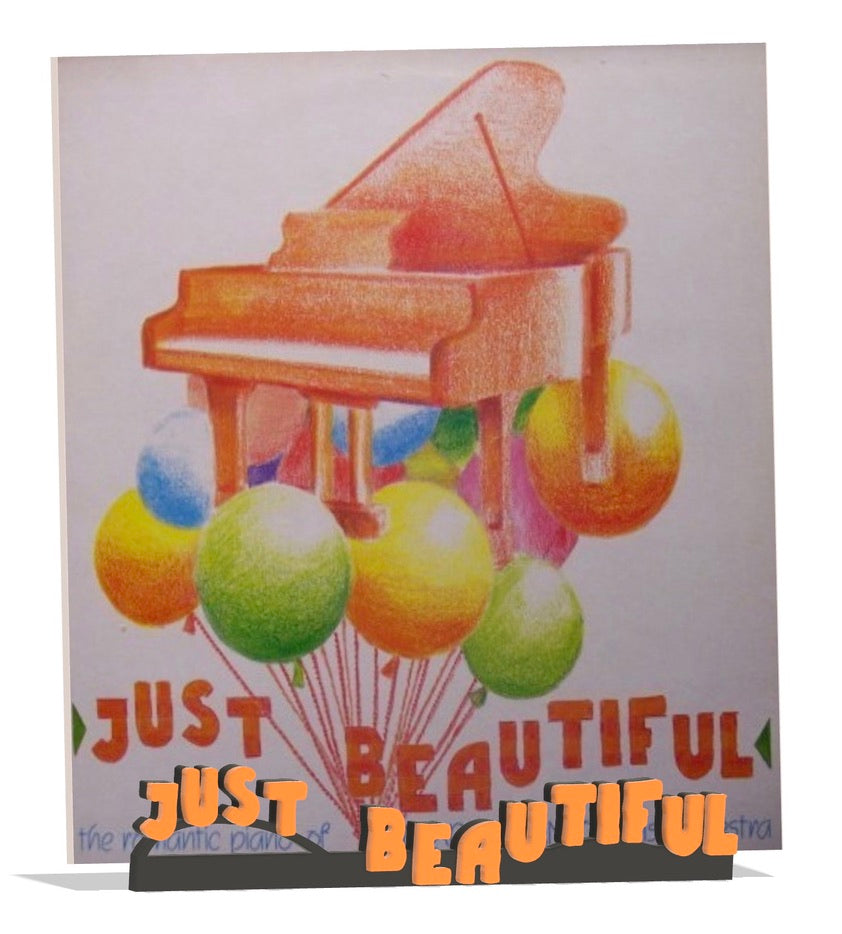 Colorful illustration of a piano with balloons and 'Just Beautiful' text on a light background