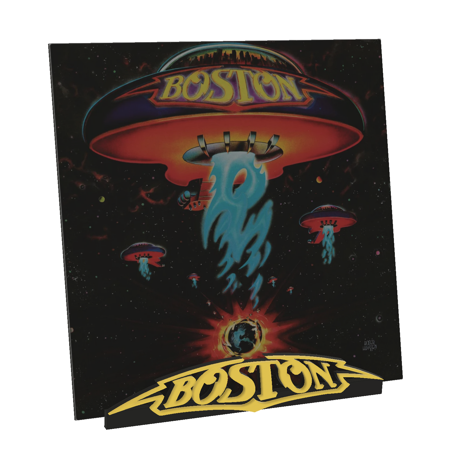 Album cover with 'Boston' branding and UFO design on a black background